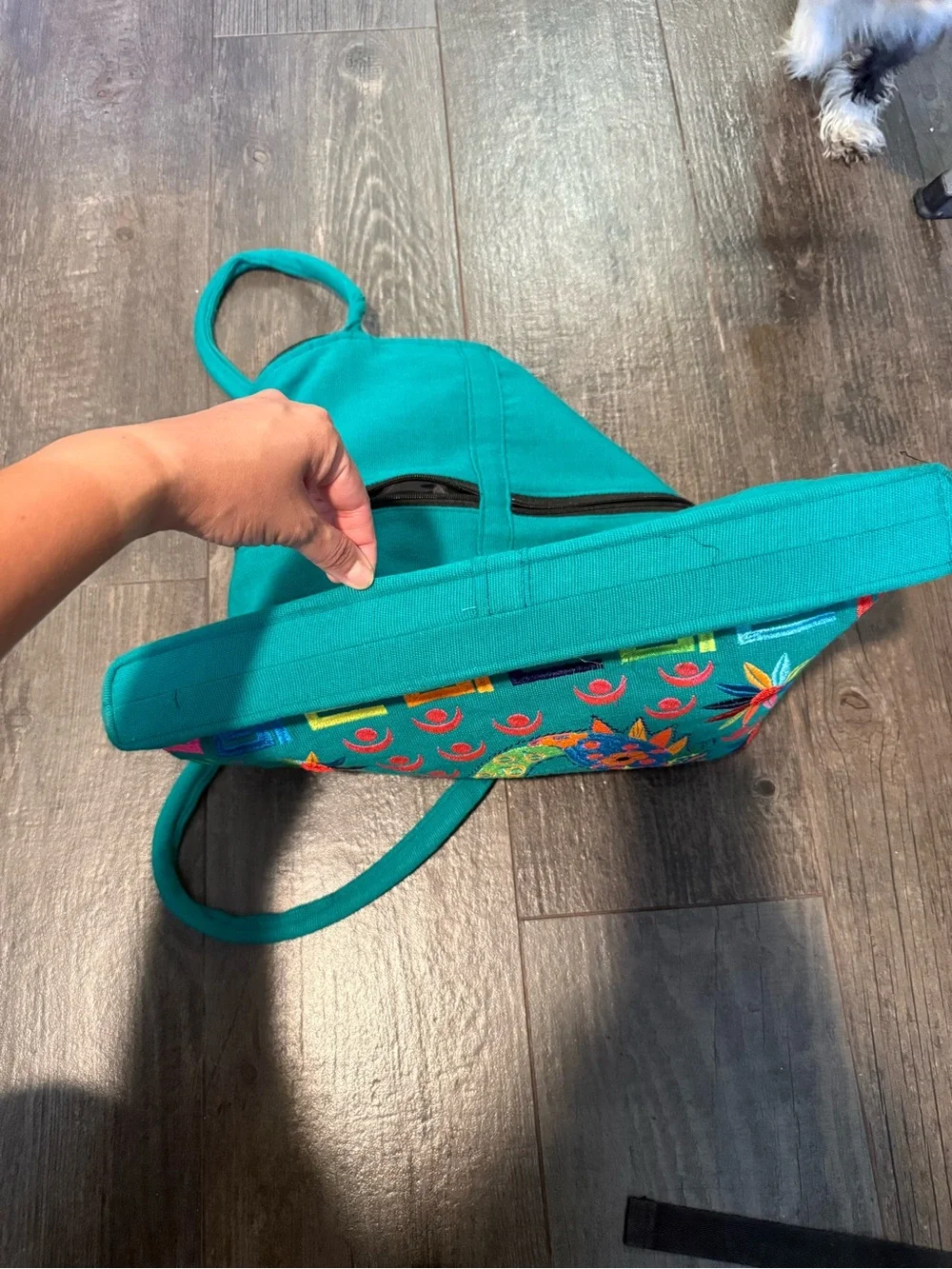 Embroidered Teal Tote Bag with Colorful Mythical Creature Motif